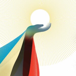 Illustration of hands holding a sunburst. For the California Masonic Foundation, partnerships are the key to expanding reach and promoting Masonic relief.